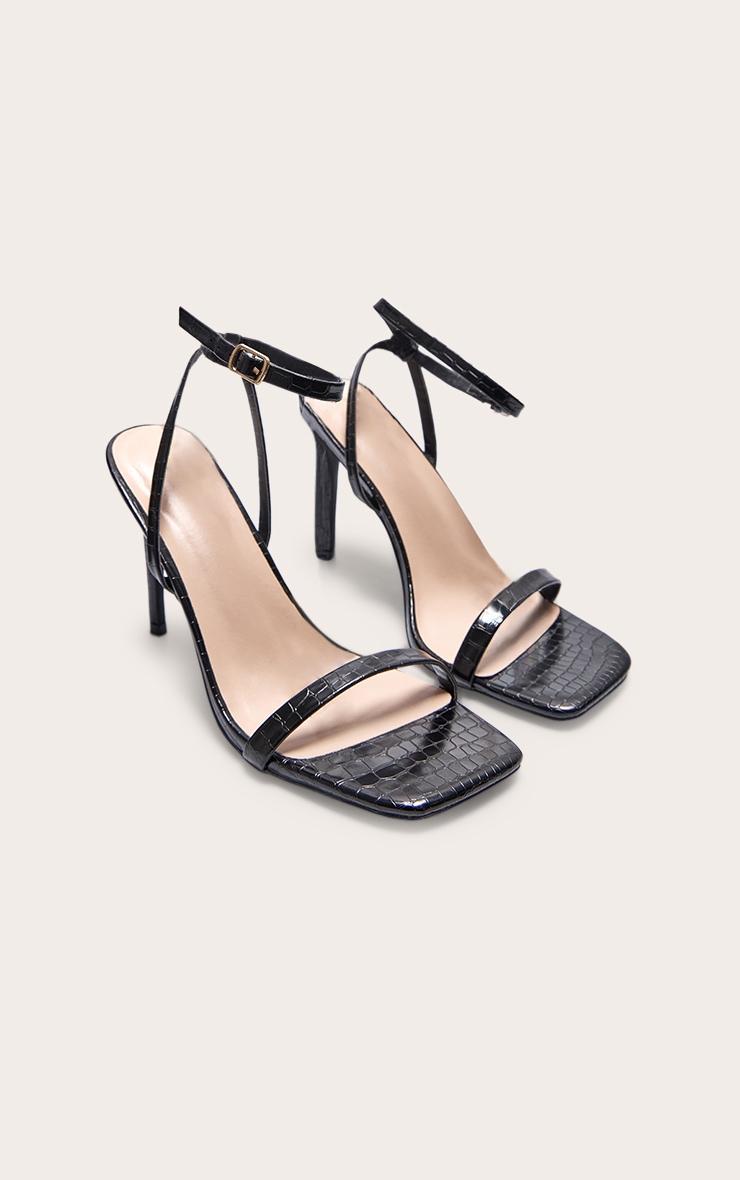 Black Pu Croc Square Toe Barely There Strap High Heeled Sandals Product Image