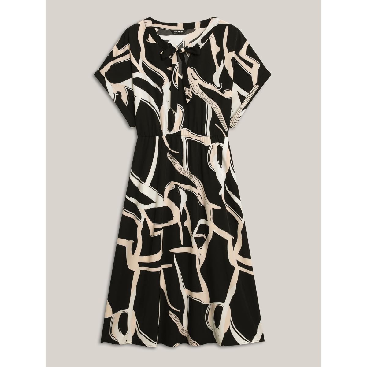Plus Size Abstract Print Ribbon Collar Midi Dress Black Women Ribbon-tied collar Cap Sleeve Curvy BloomChic 22-24/3X Product Image