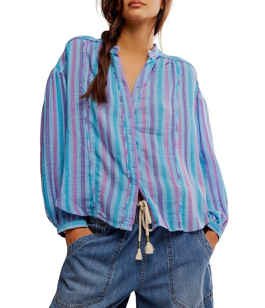 Free People We The Free Striped Valley Double Cloth Banded Collar Long Sleeve Shirt Product Image