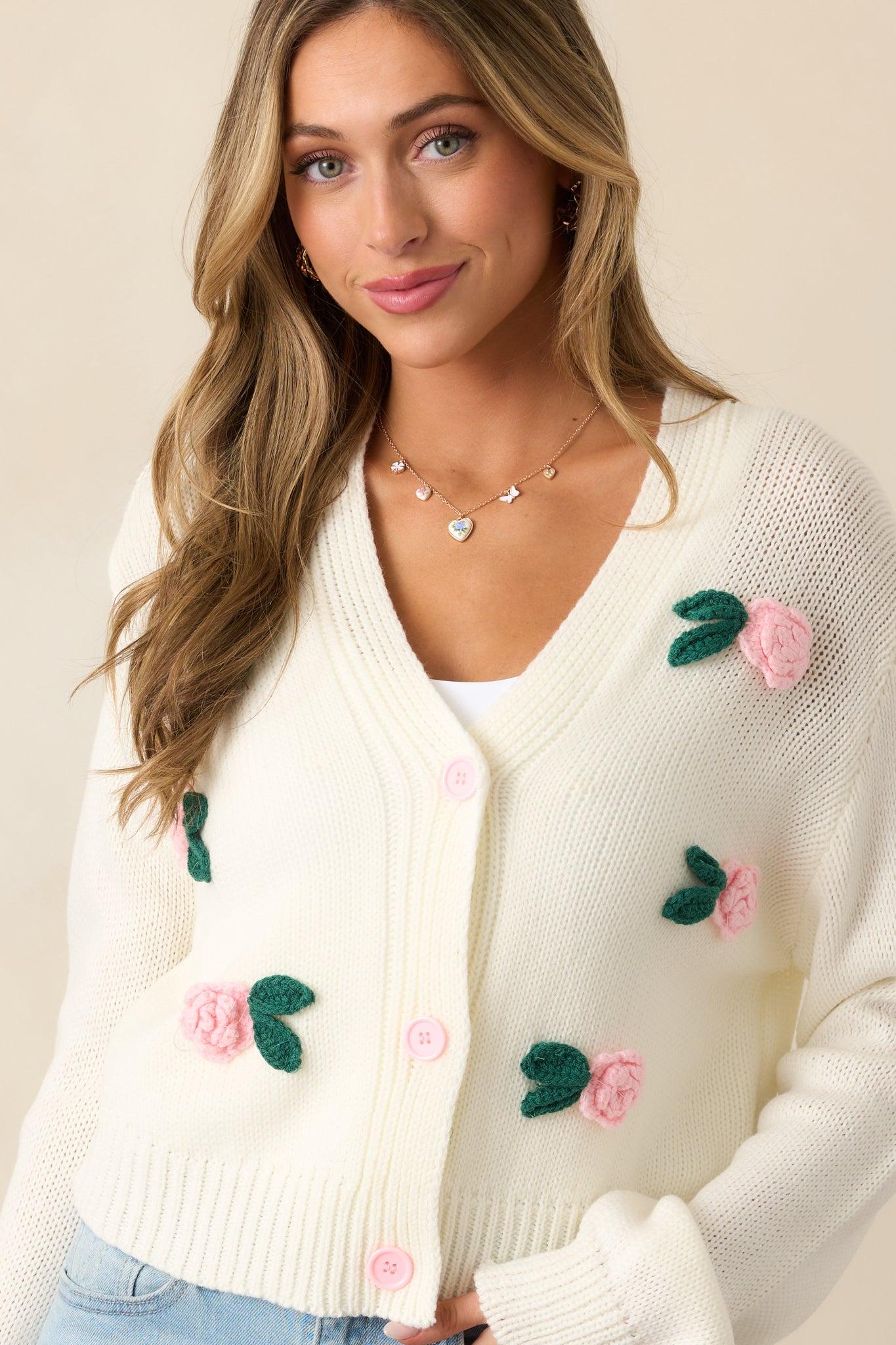 Storytelling Ivory Crochet Rose Button Front Cardigan Product Image