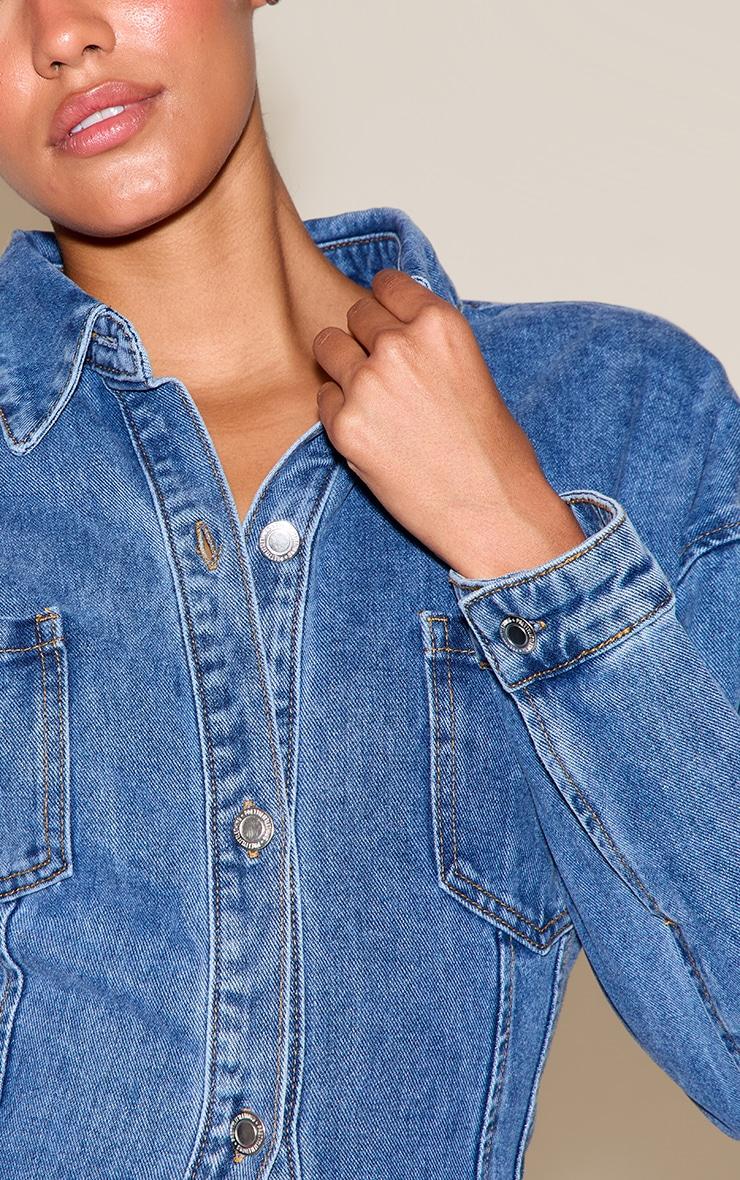  Mid Blue Wash Seam Detail Cinch Waist Longline Shirt Product Image