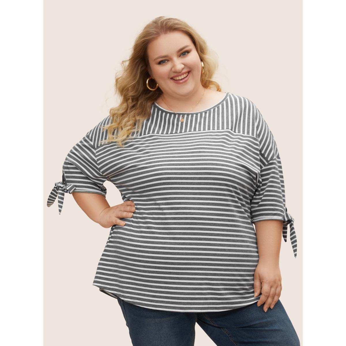 Plus Size Striped Boat Neck Tie Knot T-shirt DimGray Women Leisure Tie knot Boat Neck Casual T-shirts BloomChic 14-16/1X Product Image