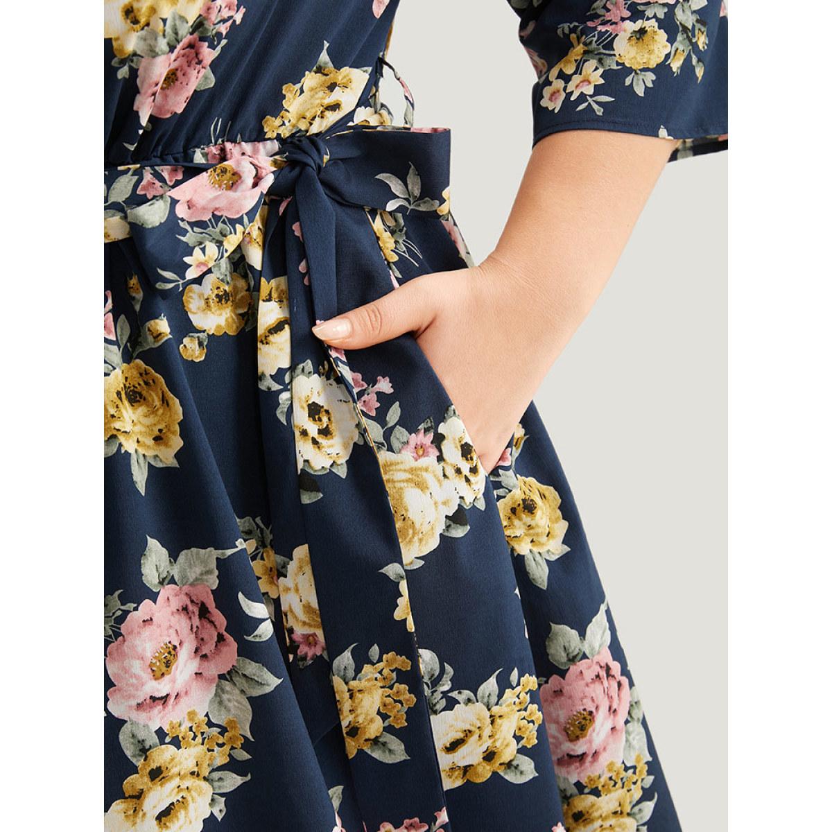 Plus Size Floral Print Frill Trim Belted Pocket Dress Navy Women Office Belted Notched collar Elbow-length sleeve Curvy Midi Dress BloomChic 22-24/3X Product Image