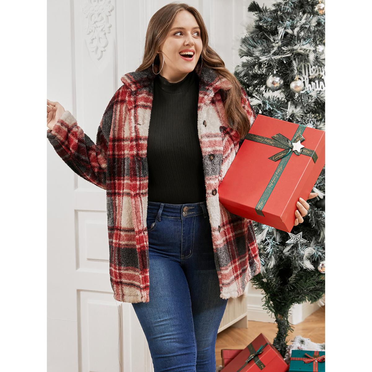 Plus Size Plaid Button Up Pocket Fuzzy Coat Women Red Casual Button Ladies Dailywear Winter Coats BloomChic 26/4X Product Image