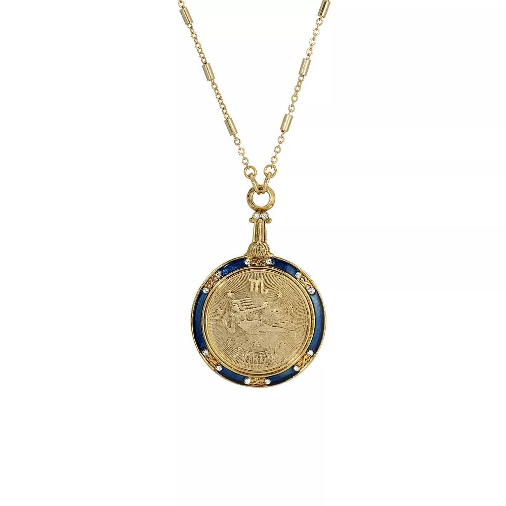 1928 Gold Tone Blue Enamel & Clear Crystal Zodiac Pendant Necklace, Womens, Virgo Product Image