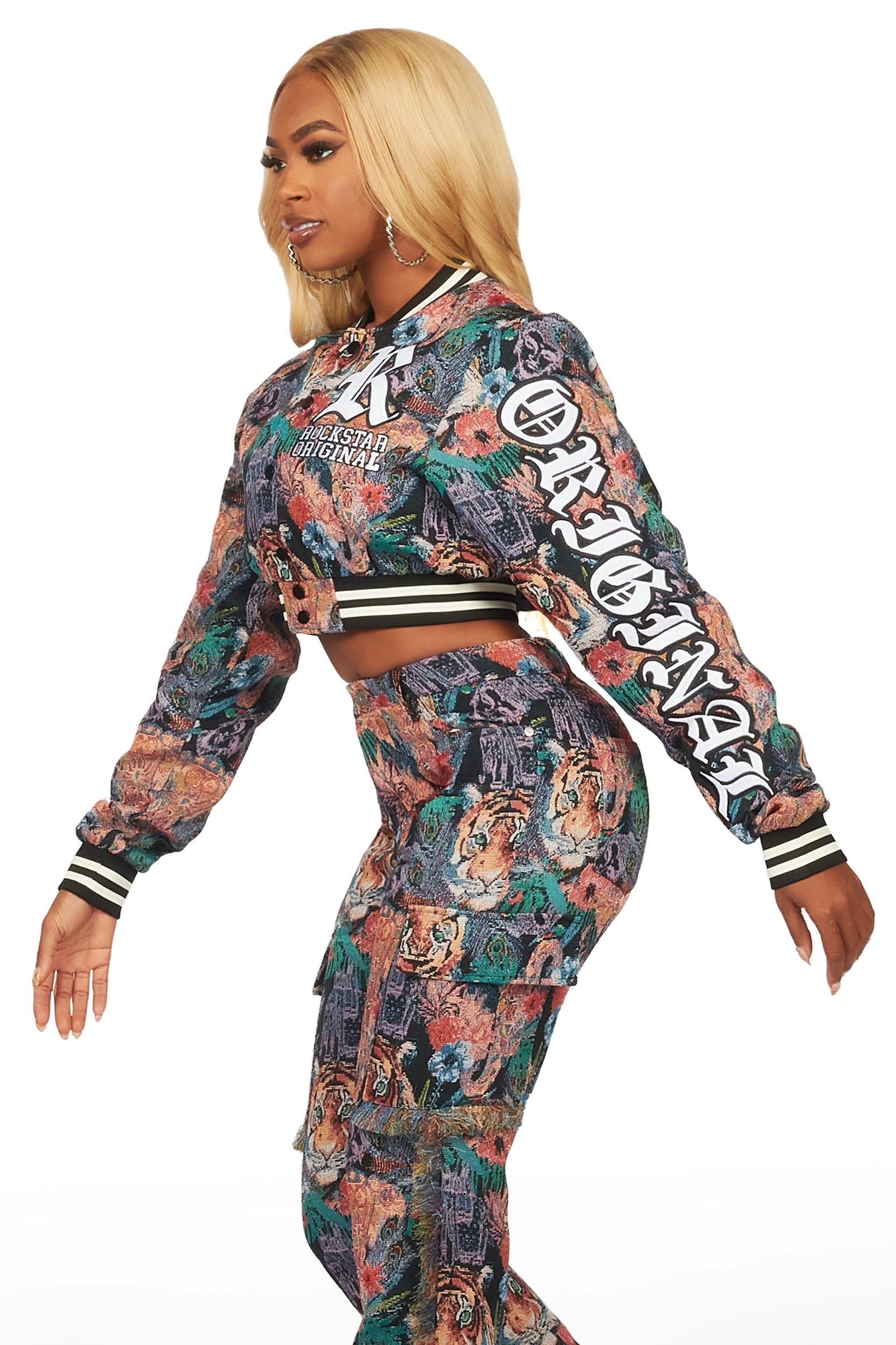 Rena Black Crop Tapestry Varsity Jacket Female Product Image