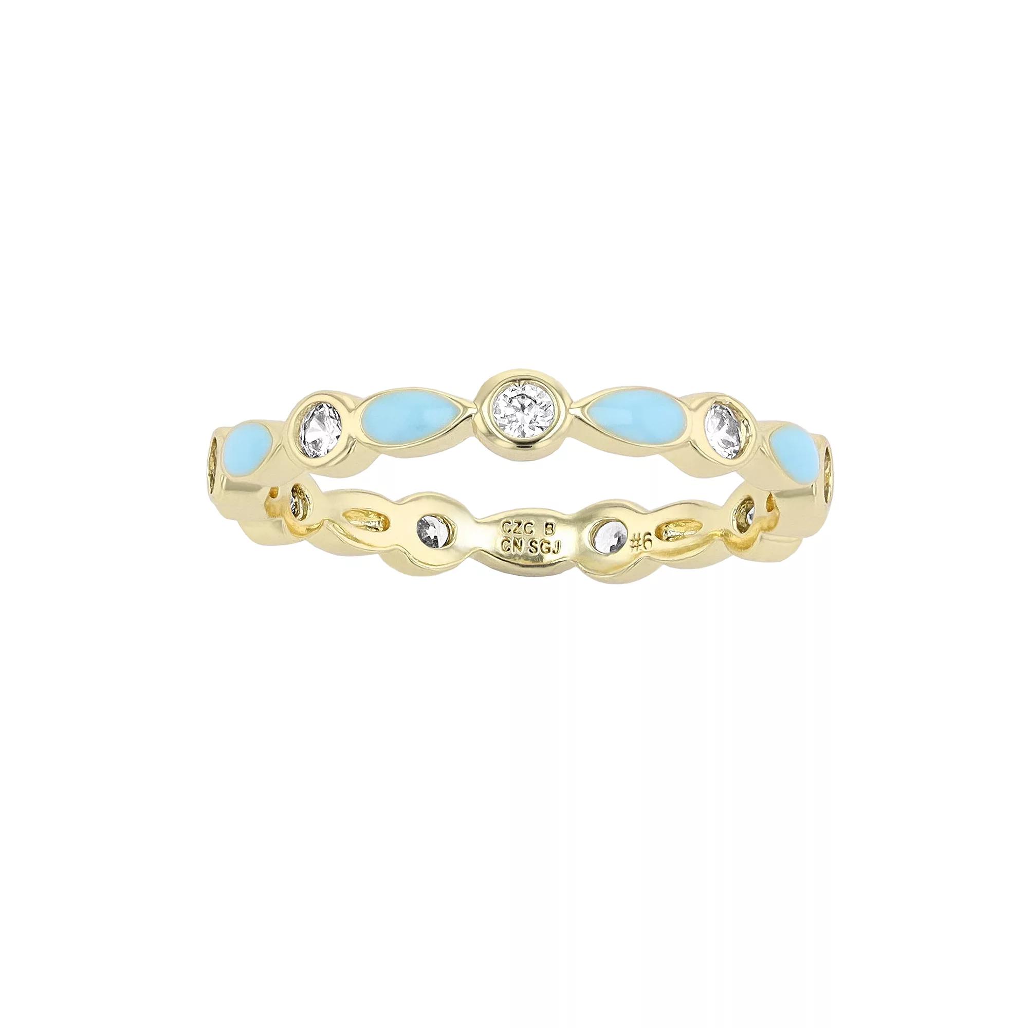 14k Yellow Gold Plated Clear Cubic Zirconia Colorful Marquise Enamel Stacking Ring, Womens Gold Tone Blue Product Image