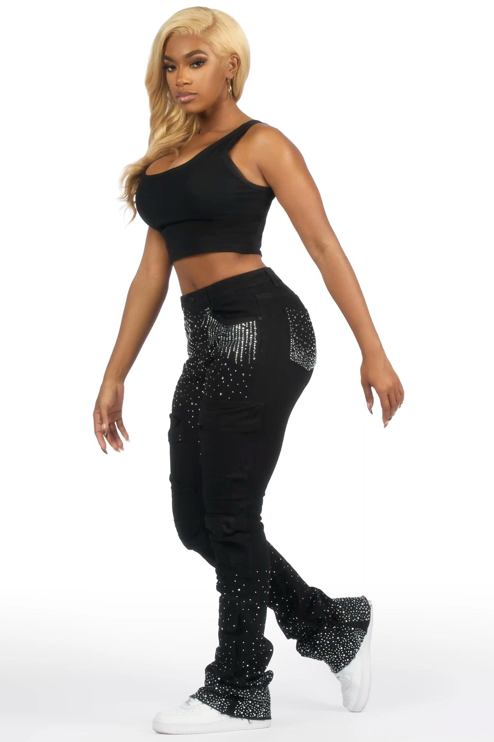 Ashela Black Rhinestone Stacked Jean Female Product Image