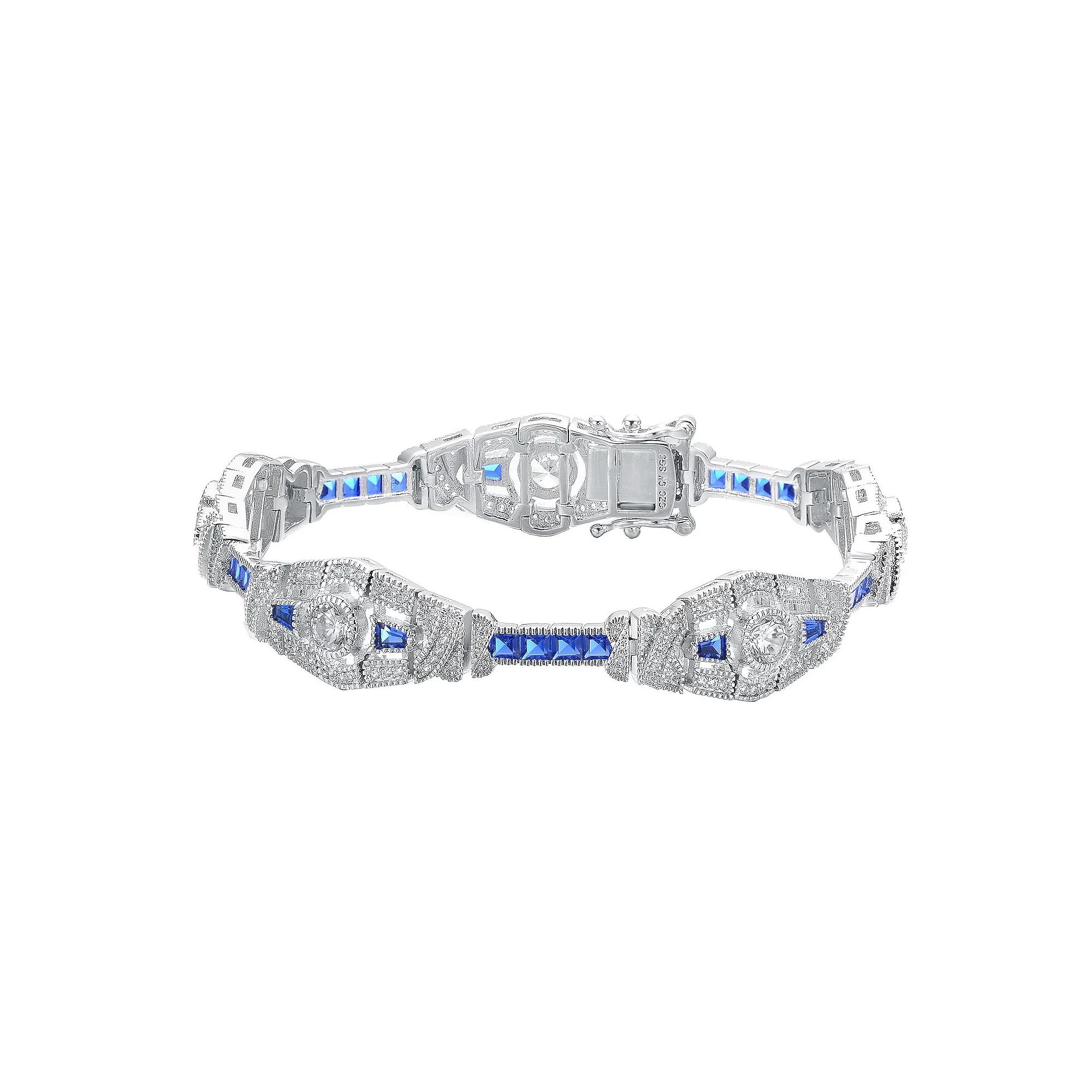 Sterling Silver & Blue Cubic Zirconia Oval Link Bracelet, Womens Product Image