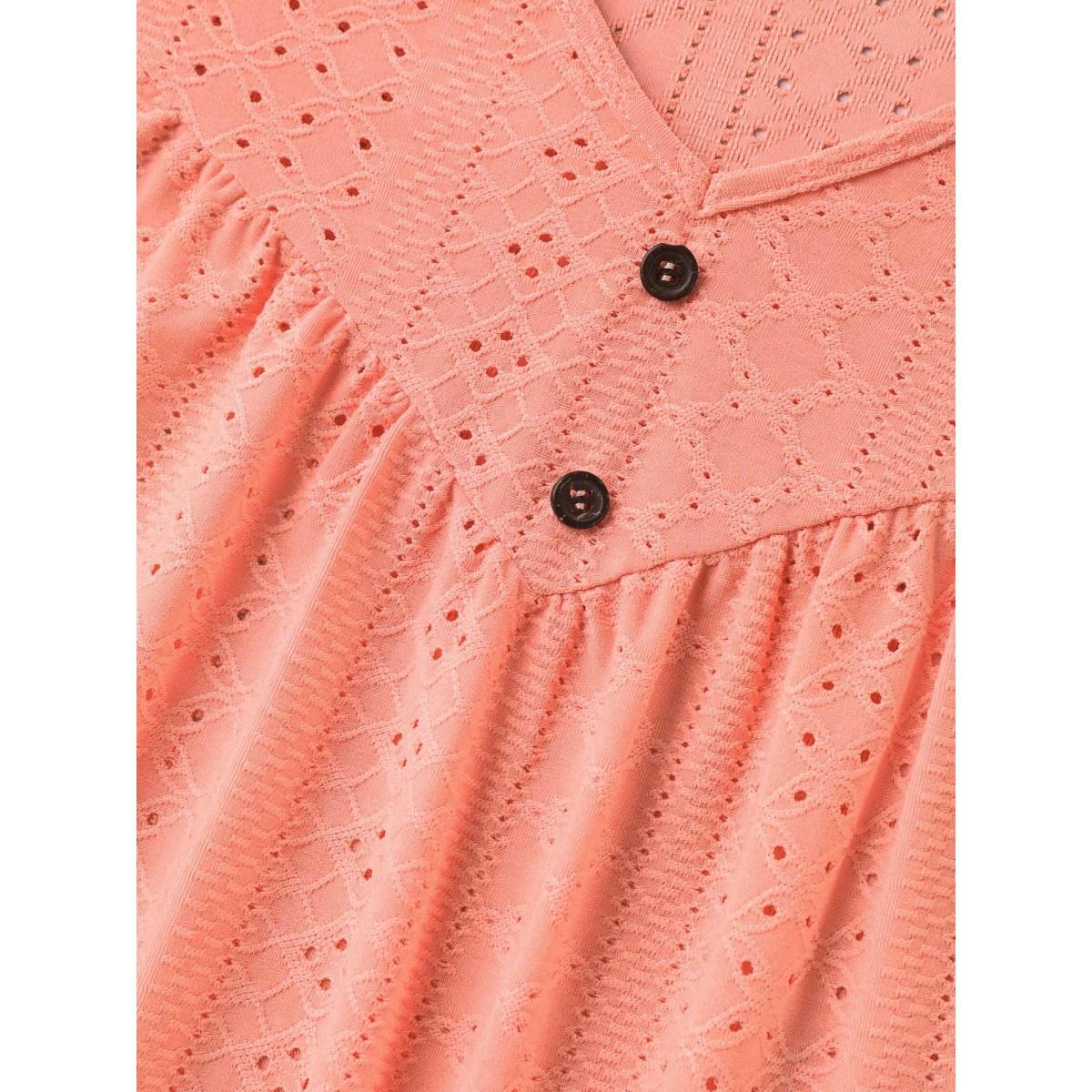 Plus Size Textured Button Detail Pleated T-Shirt Coral Women Casual Texture V-neck Everyday-Casual T-shirts BloomChic 26/4X Product Image