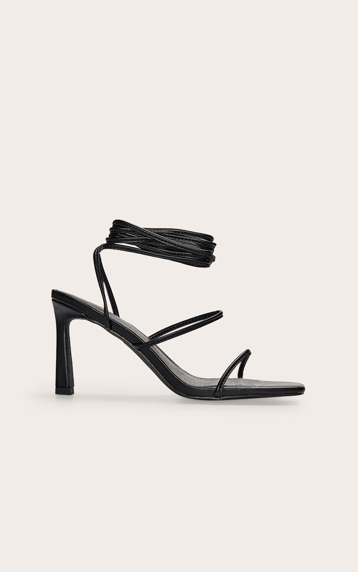 Black Pu Square Toe Strappy Lace Up Mid Stiletto Heeled Sandals Product Image