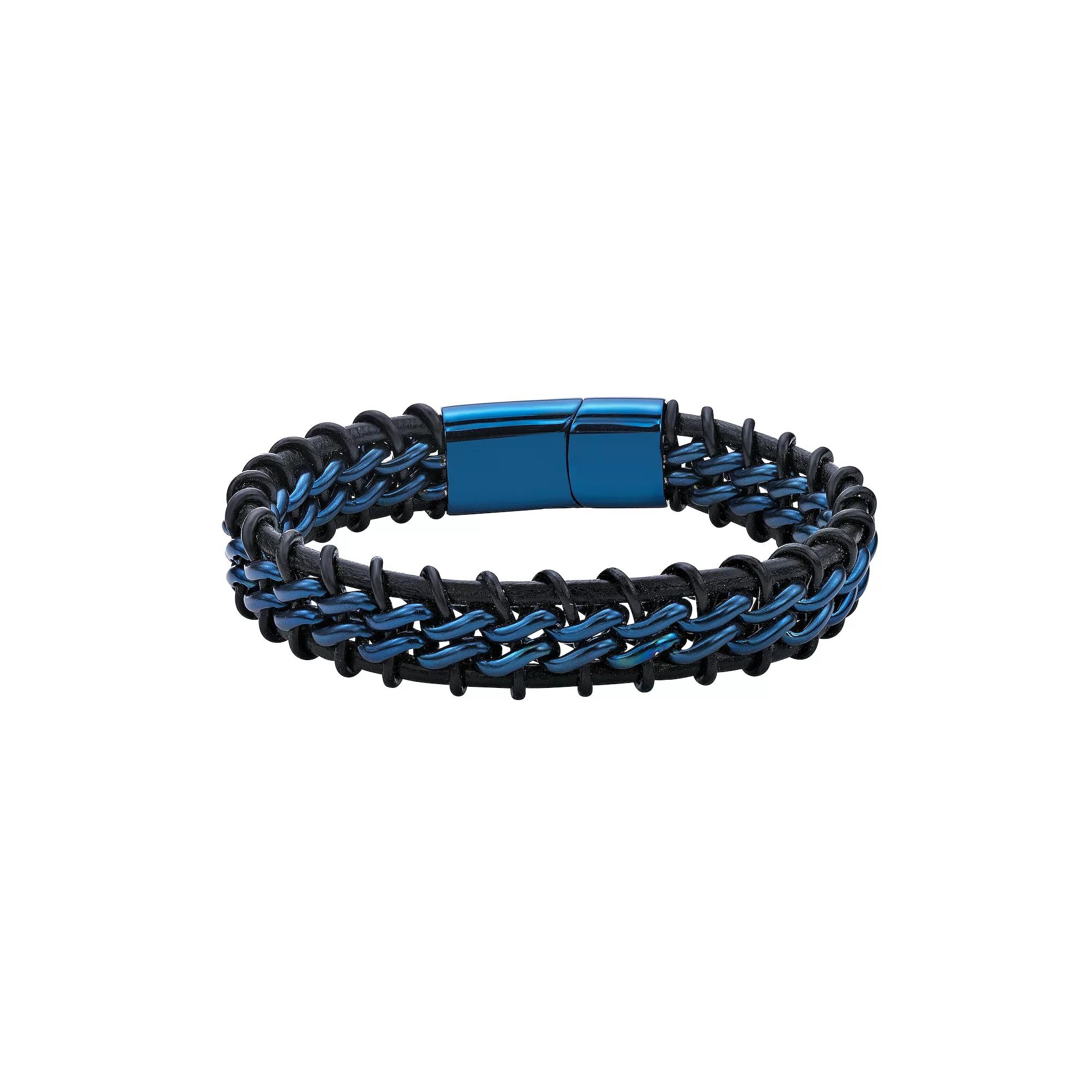 Men's LYNX Blue Ion Plated Stainless Steel & Braided Leather Bracelet, Size: 8.5" Product Image