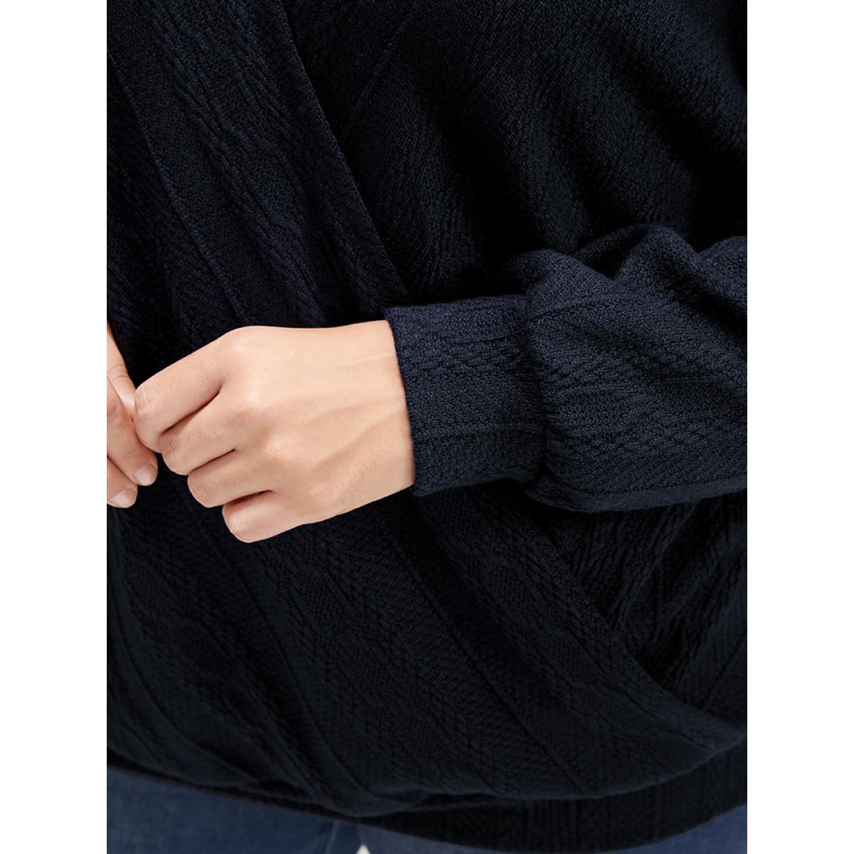 Plus Size Solid Cable Knit Surplice Neck Drop Shoulder Sweatshirt Women DarkBlue Elegant Plain V-neck Dailywear Sweatshirts BloomChic 12/L Product Image