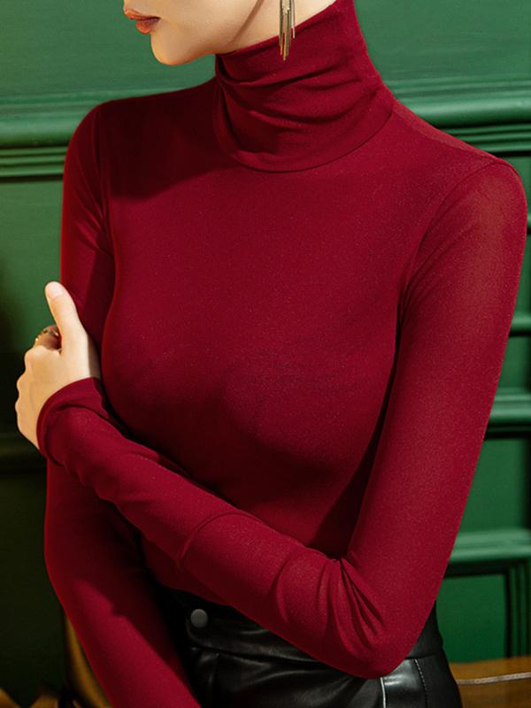 Long Sleeves Plus Size See-Through Solid Color Split-Joint High Neck T-Shirts Product Image