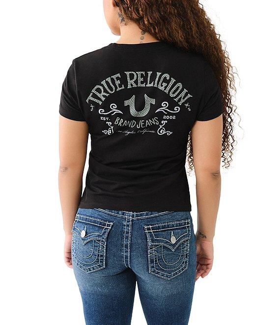 True Religion Crystal Embellishment Logo V-Neck Short Sleeve Fitted Tee Product Image