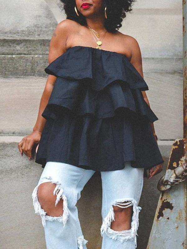 A-Line Loose Elasticity Layered Ruffled Solid Color Tube Vest Top Product Image