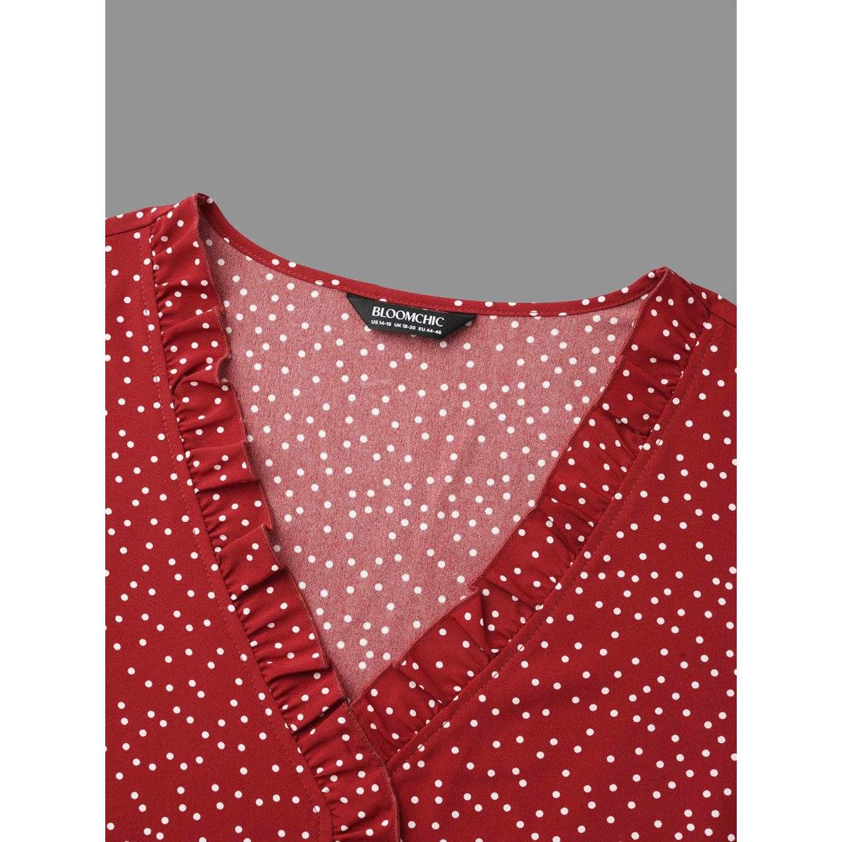 Plus Size Scarlet V-Neck Polka Dot Ruffled Blouse Women Elegant Long Sleeve V-neck Everyday Blouses BloomChic 28/5X Product Image