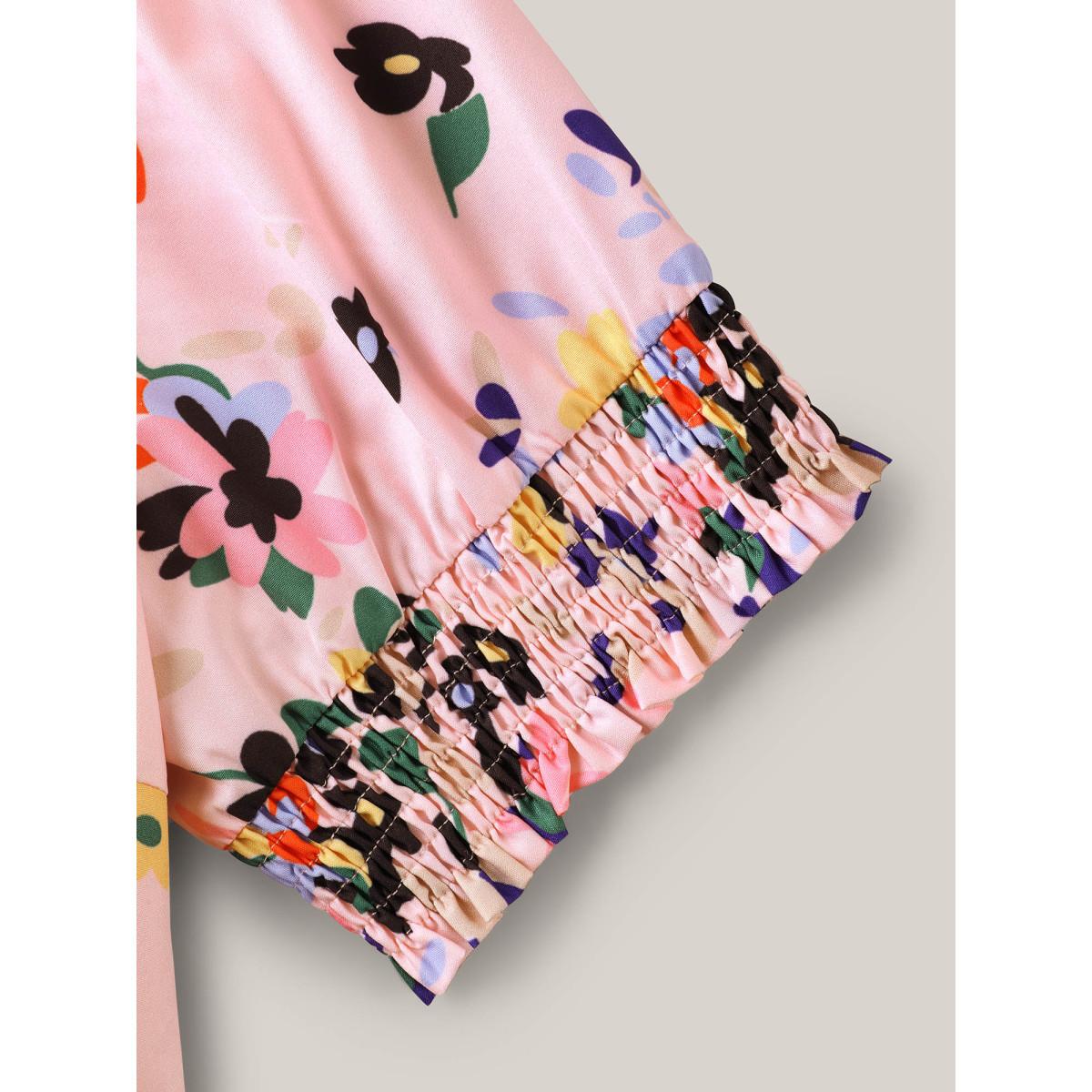 Plus Size Floral Print Elastic Cuffs Belted Midi Dress Crepe Women Flat collar with V-notch Short sleeve Curvy BloomChic 12/L Product Image