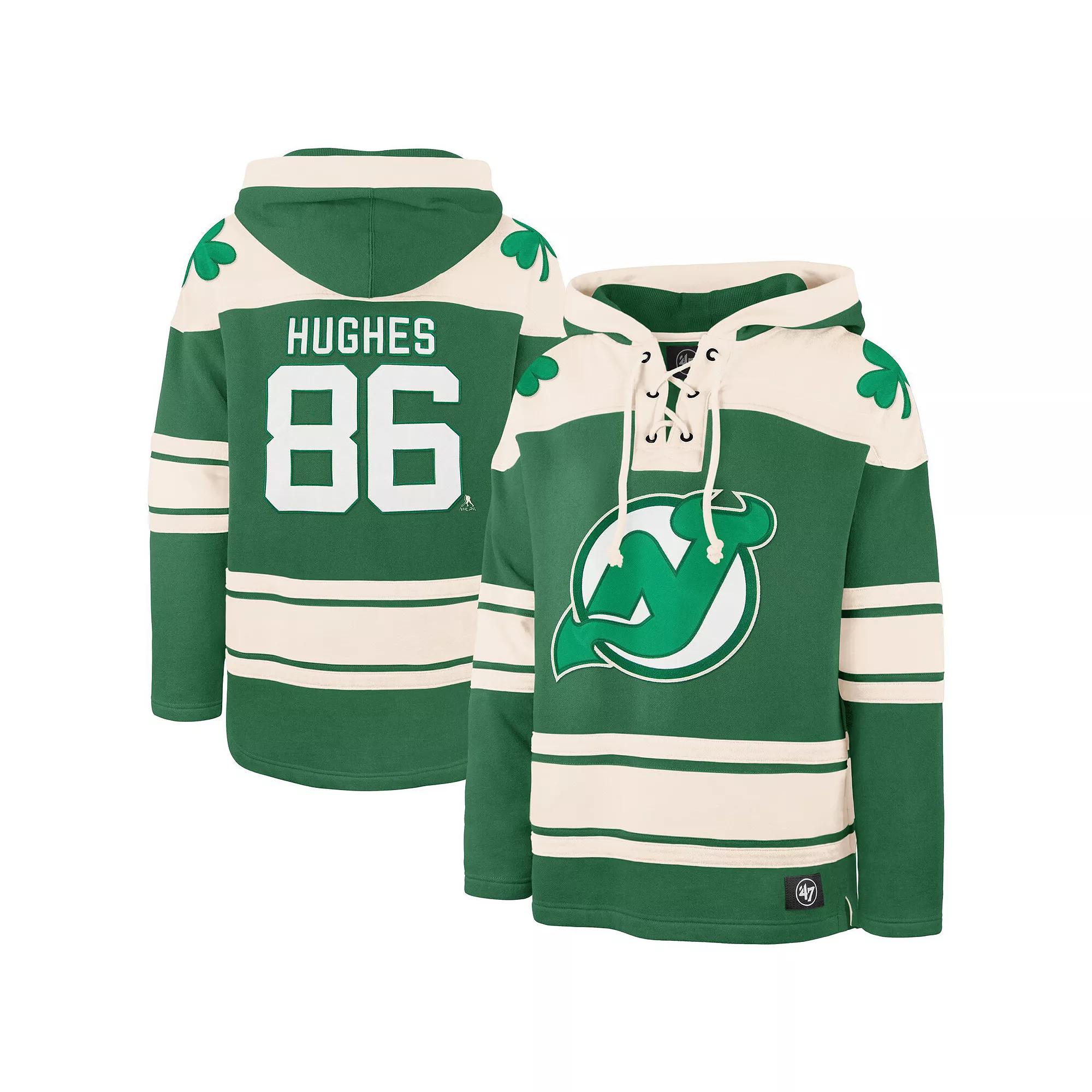 Men's '47 Jack Hughes Kelly Green New Jersey Devils St. Patrick's Day Player Name & Number Lacer Pullover Hoodie, Size: Medium, Nhl Green Product Image