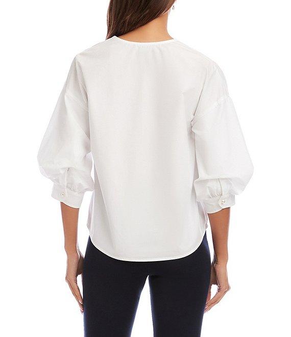 Karen Kane Poplin V-Neck 3/4 Lantern Sleeve Pearl Button Front Shirt Product Image