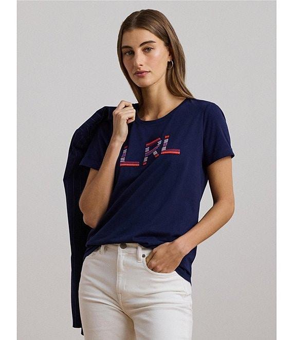 Lauren Ralph Lauren Stripe Beaded Logo Crew Neck Cotton Jersey Tee Top Product Image