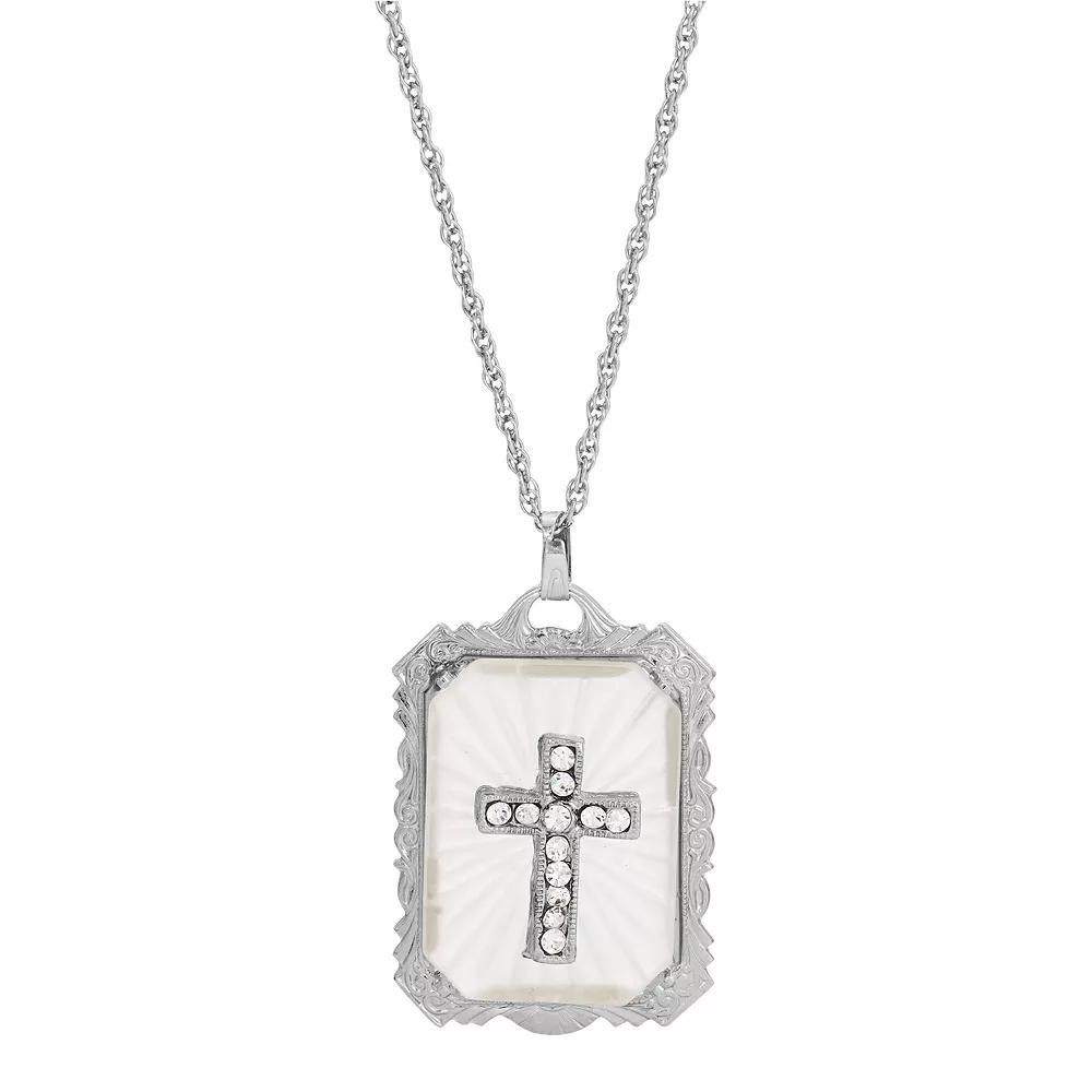 Symbols of Faith Silver-Tone Crystal Cross Large Pendant Necklace, Women's, White Product Image