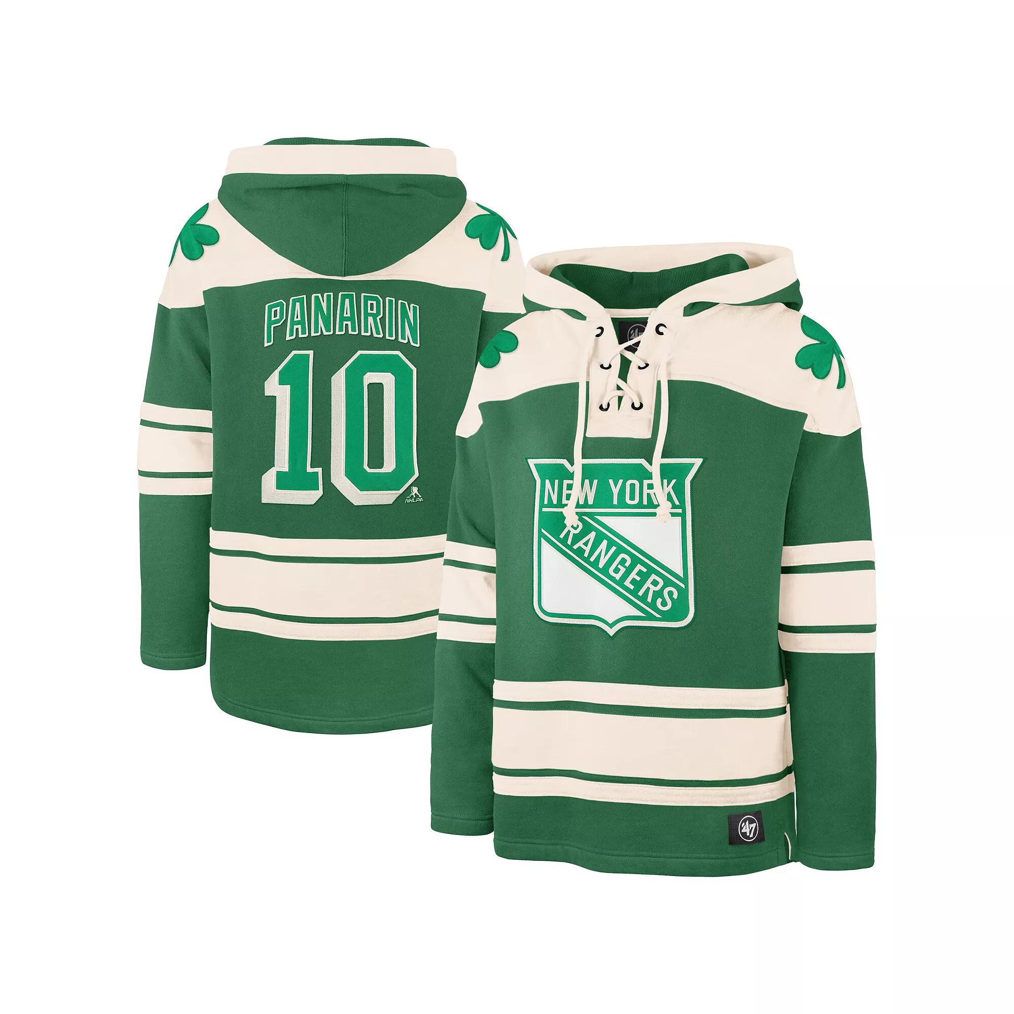 Men's '47 Artemi Panarin Kelly Green New York Rangers St. Patrick's Day Player Name & Number Lacer Pullover Hoodie, Size: 2XL, Ran Green Product Image