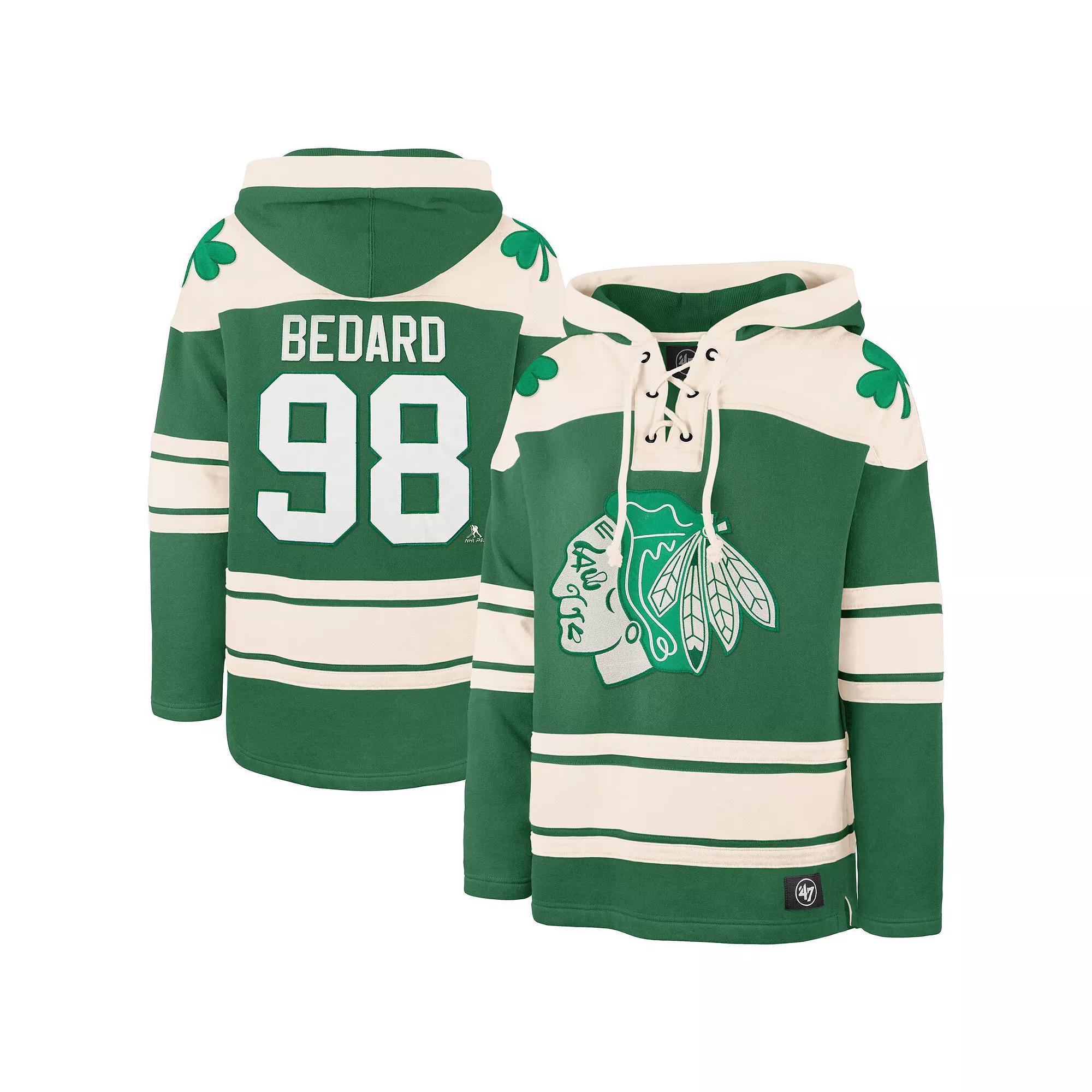 Men's '47 Connor Bedard Kelly Green Chicago Blackhawks St. Patrick's Day Player Name & Number Lacer Pullover Hoodie, Size: Large Product Image