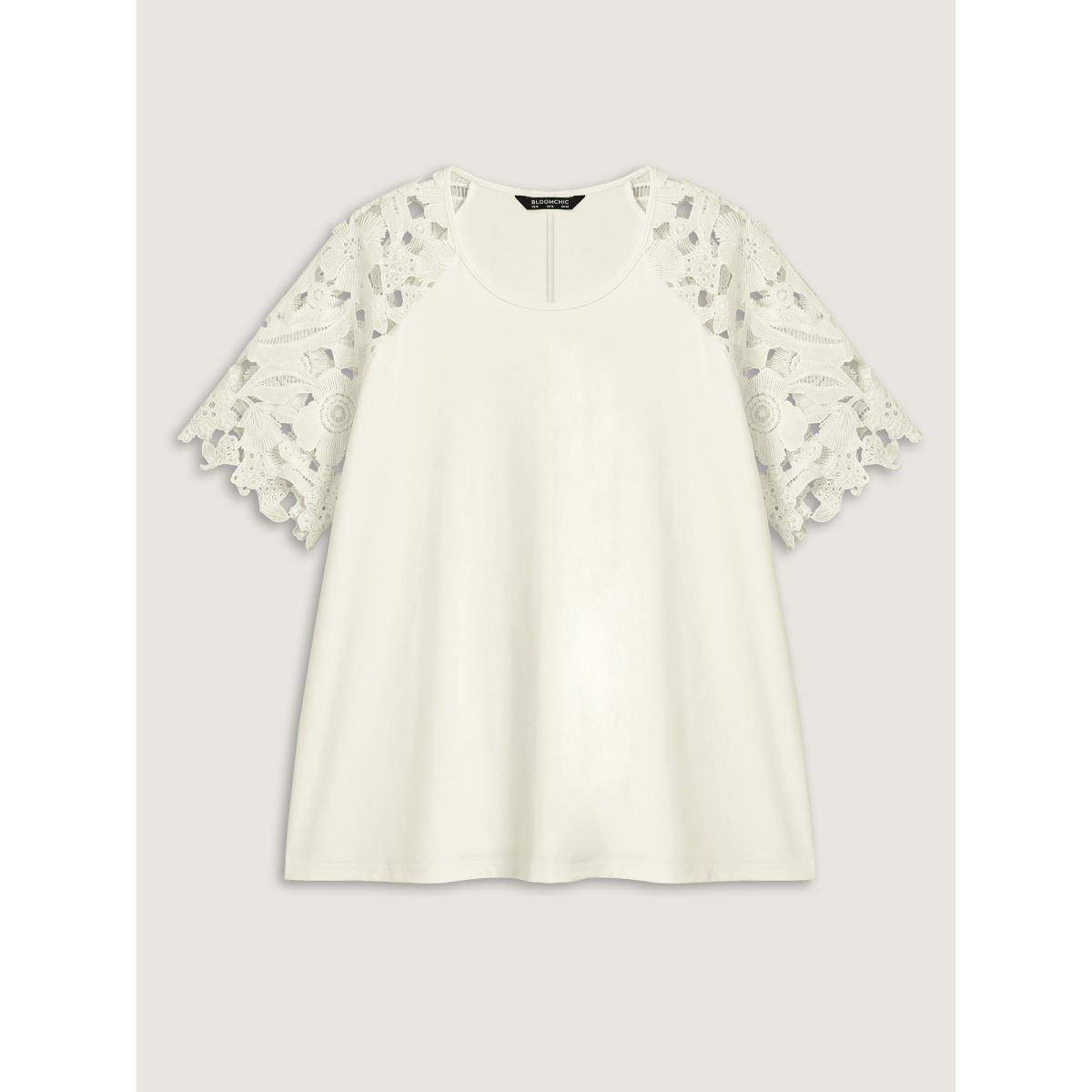 Plus Size Lace Cut-Out Sleeve Solid T-Shirt Originalwhite Women Leisure Round Neck Casual T-shirts BloomChic 18-20/2X Product Image