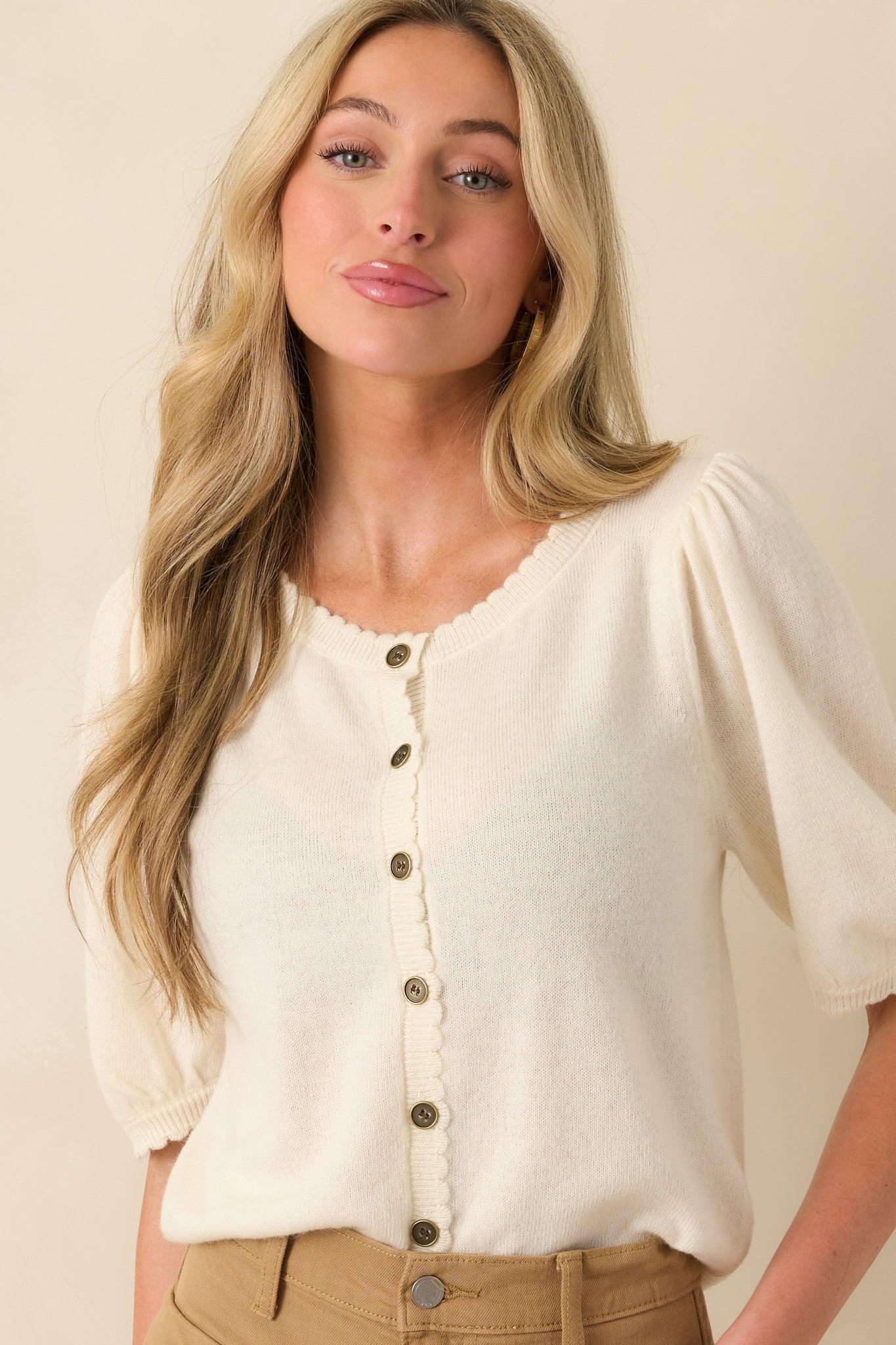 It's Always Right Ivory Short Sleeve Button Front Cardigan Product Image