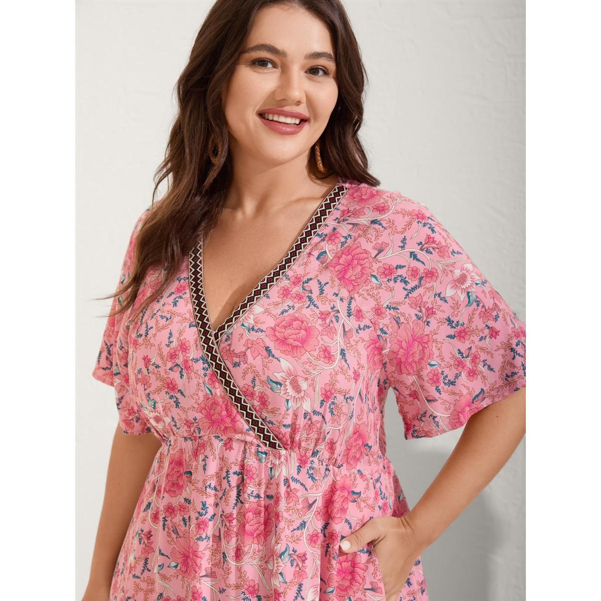 Plus Size Rosy Floral Print Lace Maxi Dress Blush Women Boho Overlap Collar Short sleeve Curvy BloomChic 28/5X Product Image