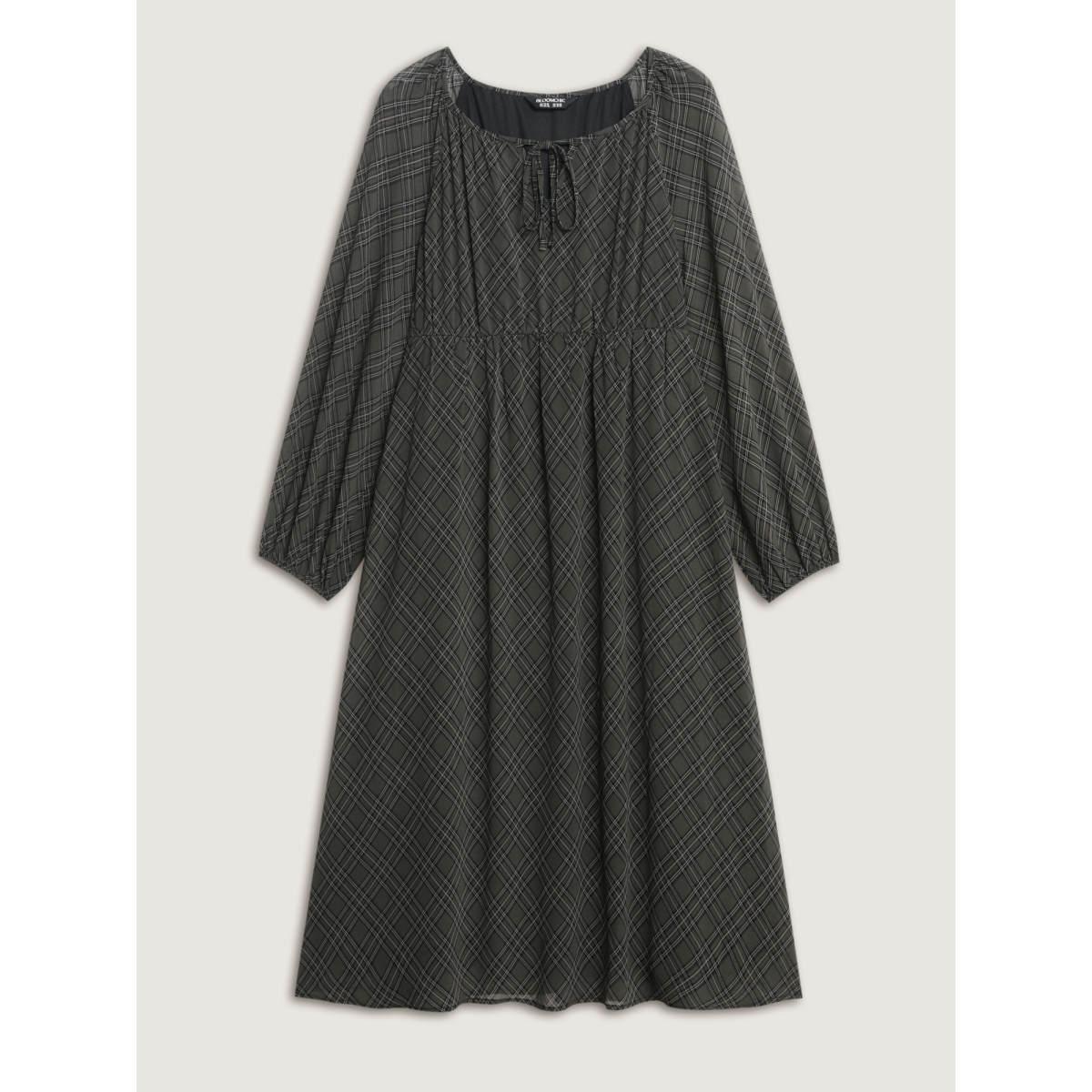 Plus Size Diamond Print Neck Tie Midi Dress DarkSlateGray Women Leisure Tie knot Round Neck Extra Long Sleeve Curvy BloomChic 26/4X Product Image