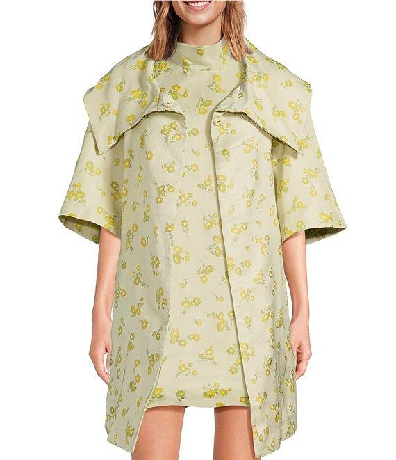 Buru Oversized Point Collar 3/4 Sleeve Side Pocket Floral Car Coat Product Image