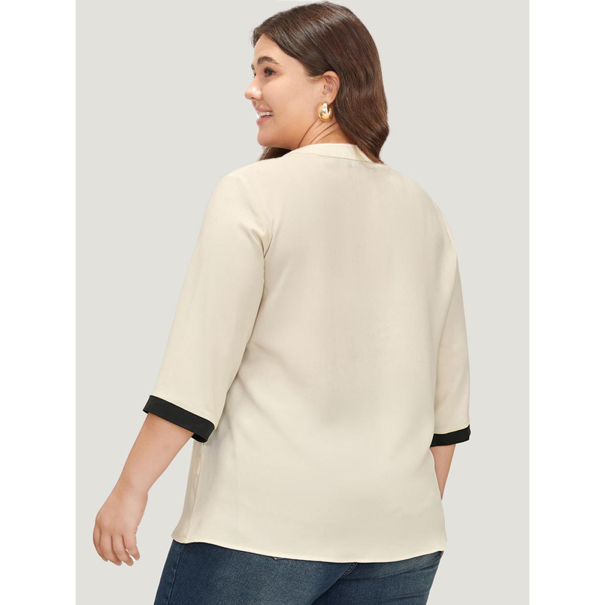 Plus Size Ivory Contrast Trim Knot Neck Blouse Women Office Elbow-length sleeve Tie Neck Work Blouses BloomChic 22-24/3X Product Image