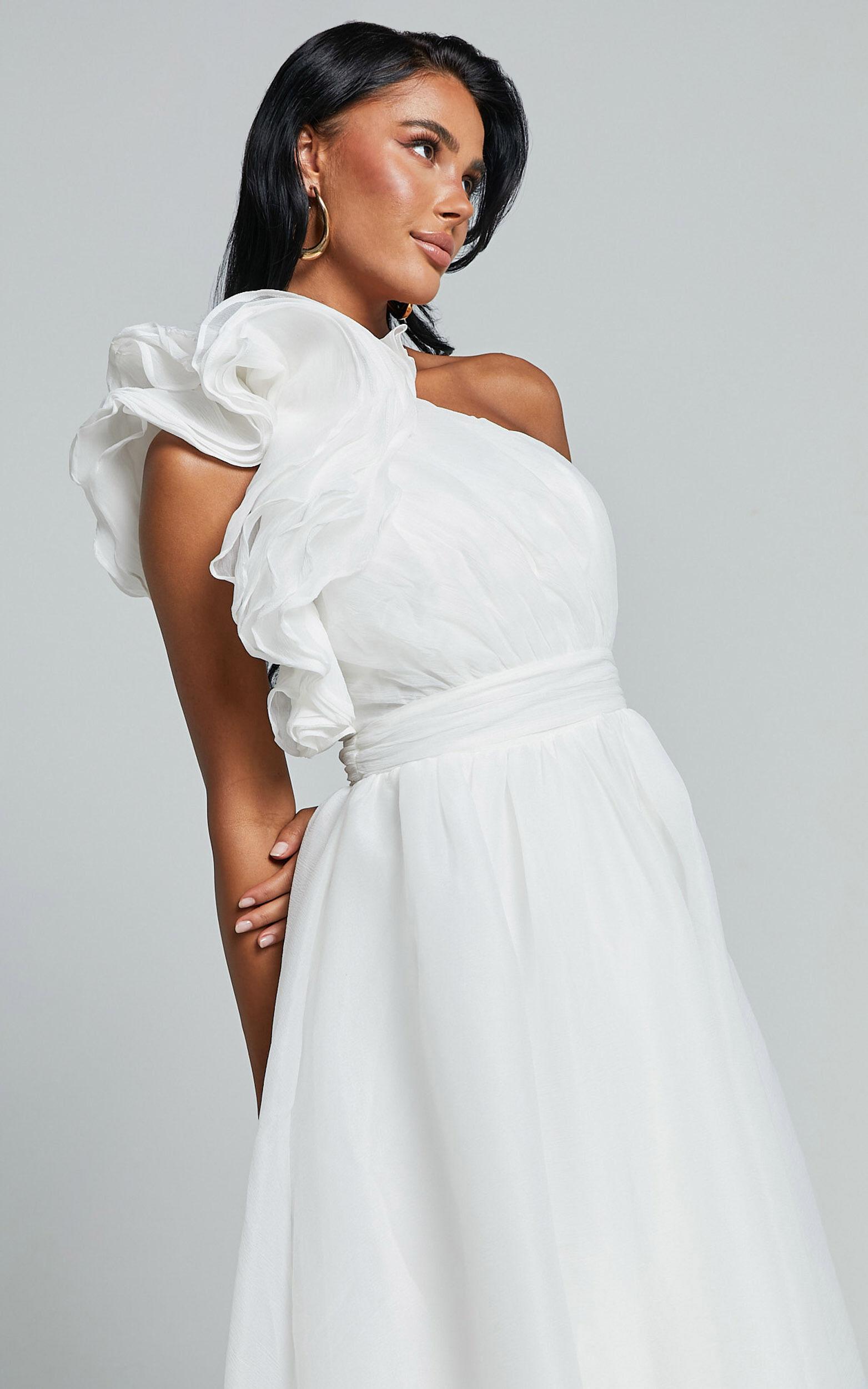 Tia Midi Dress - One Shoulder Frill Detail Fit & Flare Dress in White Product Image