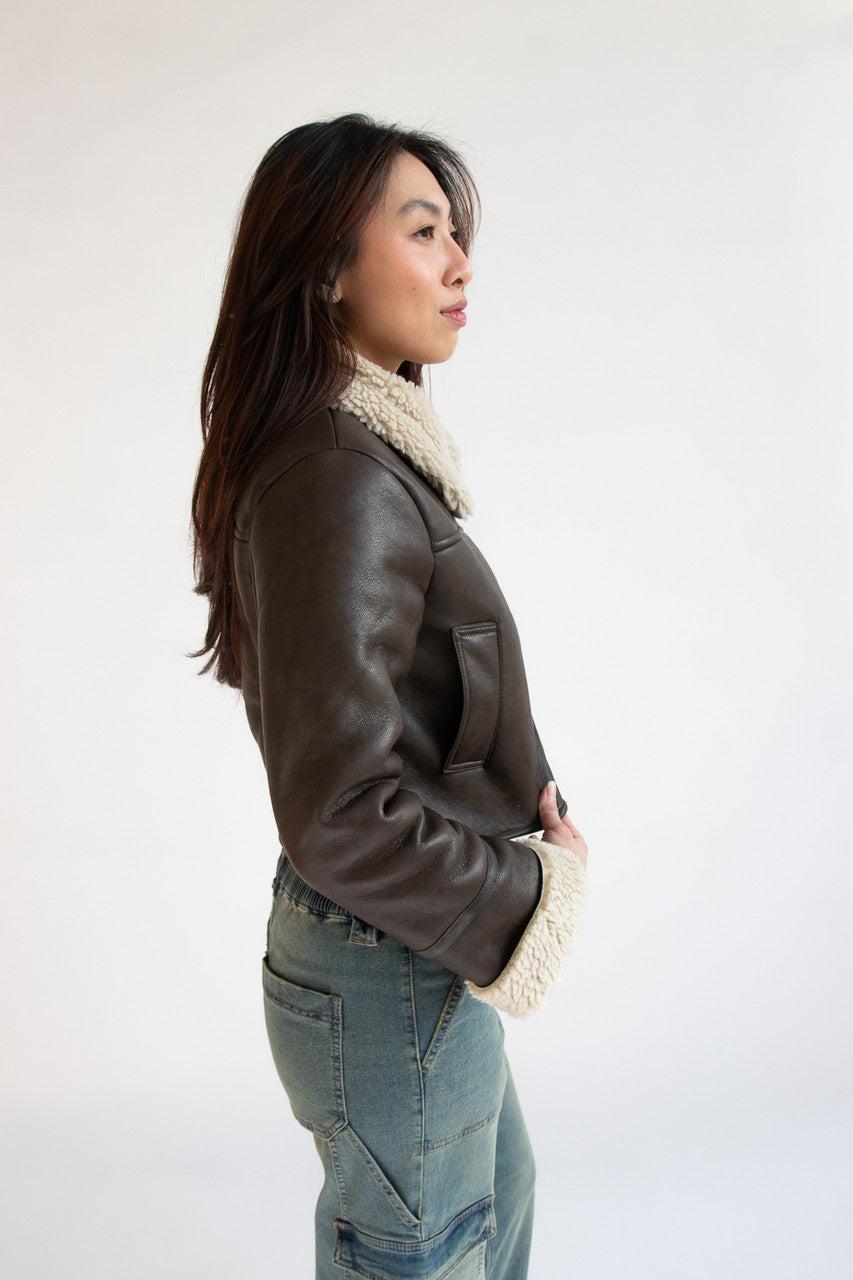Faux Fur Lined Pleather Bomber Jacket Product Image