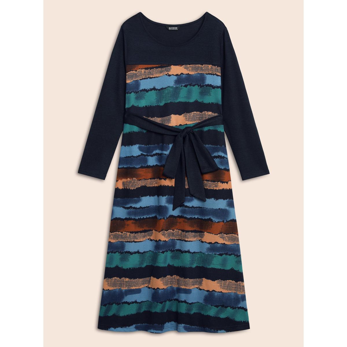 Plus Size Contrast Striped Round Neck Midi Dress Indigo Women Casual Belted Knit Dresses Bloomchic 26/4X Product Image