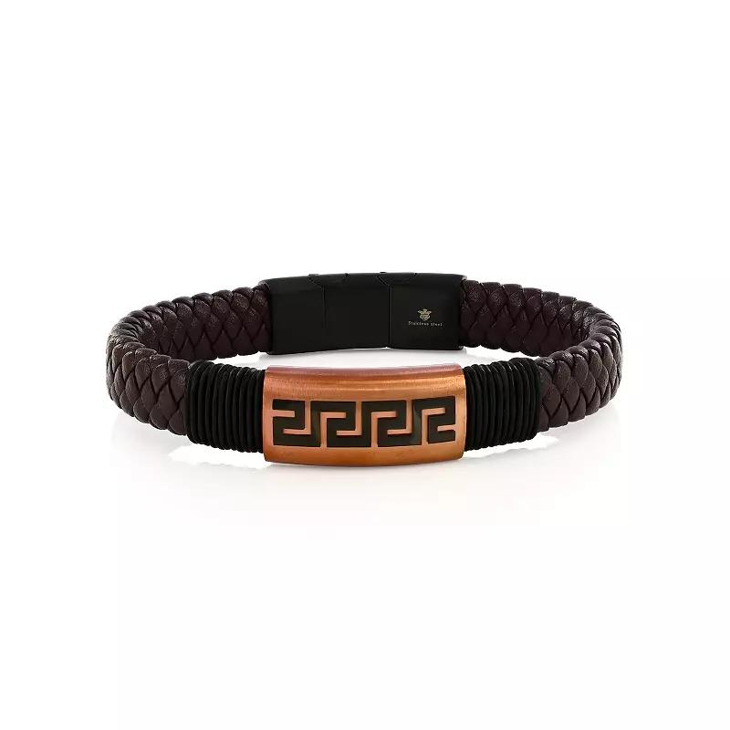 Men's Metallo Stainless Steel Greek Key Leather Bracelet, Size: 8.5", Brown Rose Tone Product Image
