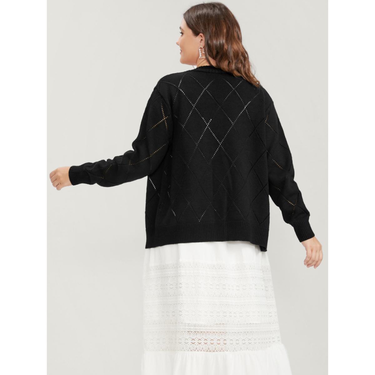 Plus Size Solid Pointelle Knit Pearl Beaded Crochet Button Front Cardigan Black Women Elegant Loose Long Sleeve Dailywear Cardigans BloomChic 12/L Product Image