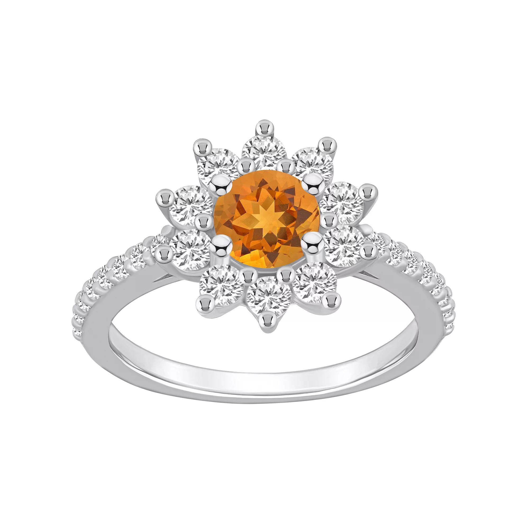 Alyson Layne 14k White Gold Round Citrine & 3/4 Carat T.W. Diamond Halo Ring, Women's, Size: 10, Orange Product Image