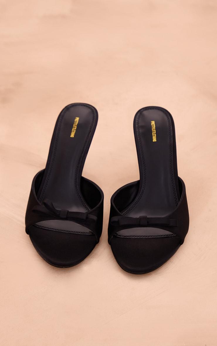 Black Satin Round Toe Bow Strap Low Heel Open Toe Mules Product Image