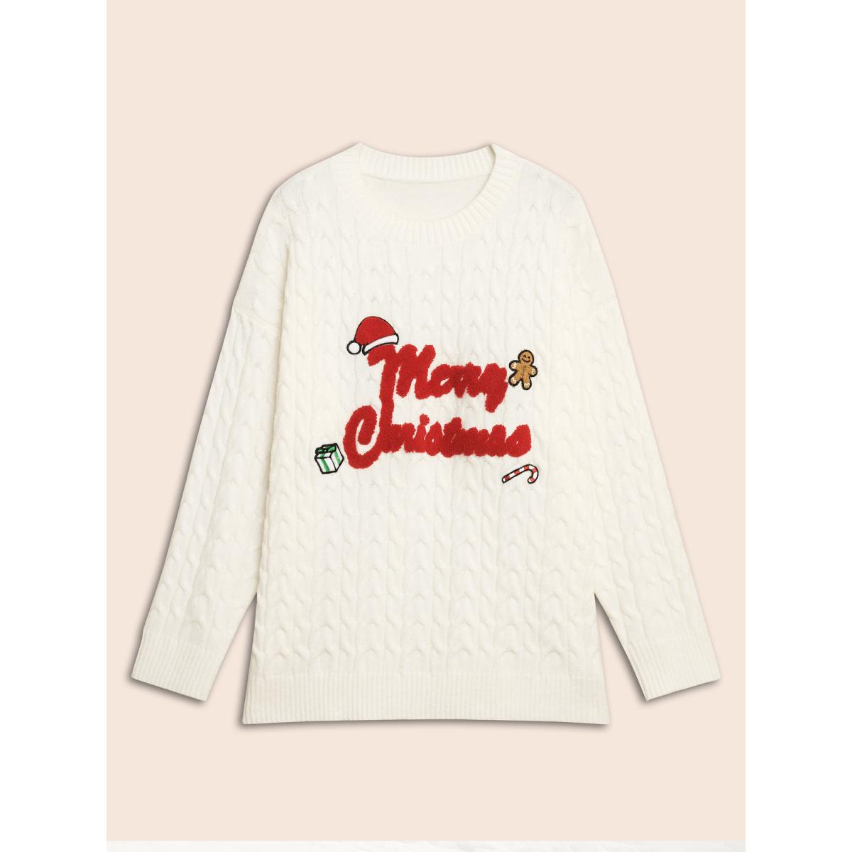 Plus Size Supersoft Essentials Holiday Cable Knit Pullover Ivory Women Casual Loose Long Sleeve Round Neck Everyday Pullovers BloomChic 22-24/3X Product Image