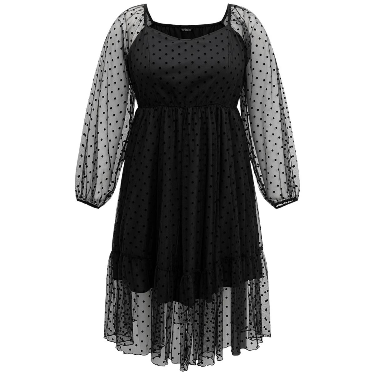 Plus Size Polka Dot Mesh Pocket Square Neck Dress Black Women Elegant Texture Square Neck Long Sleeve Curvy Midi Dress BloomChic 30/6X Product Image