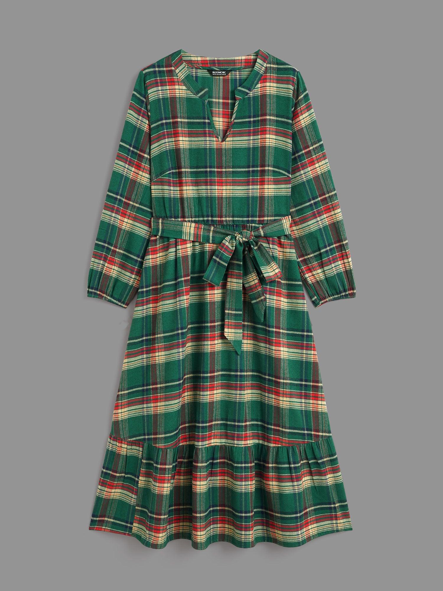 Festive Notched Collar Plaid Dress Female Product Image