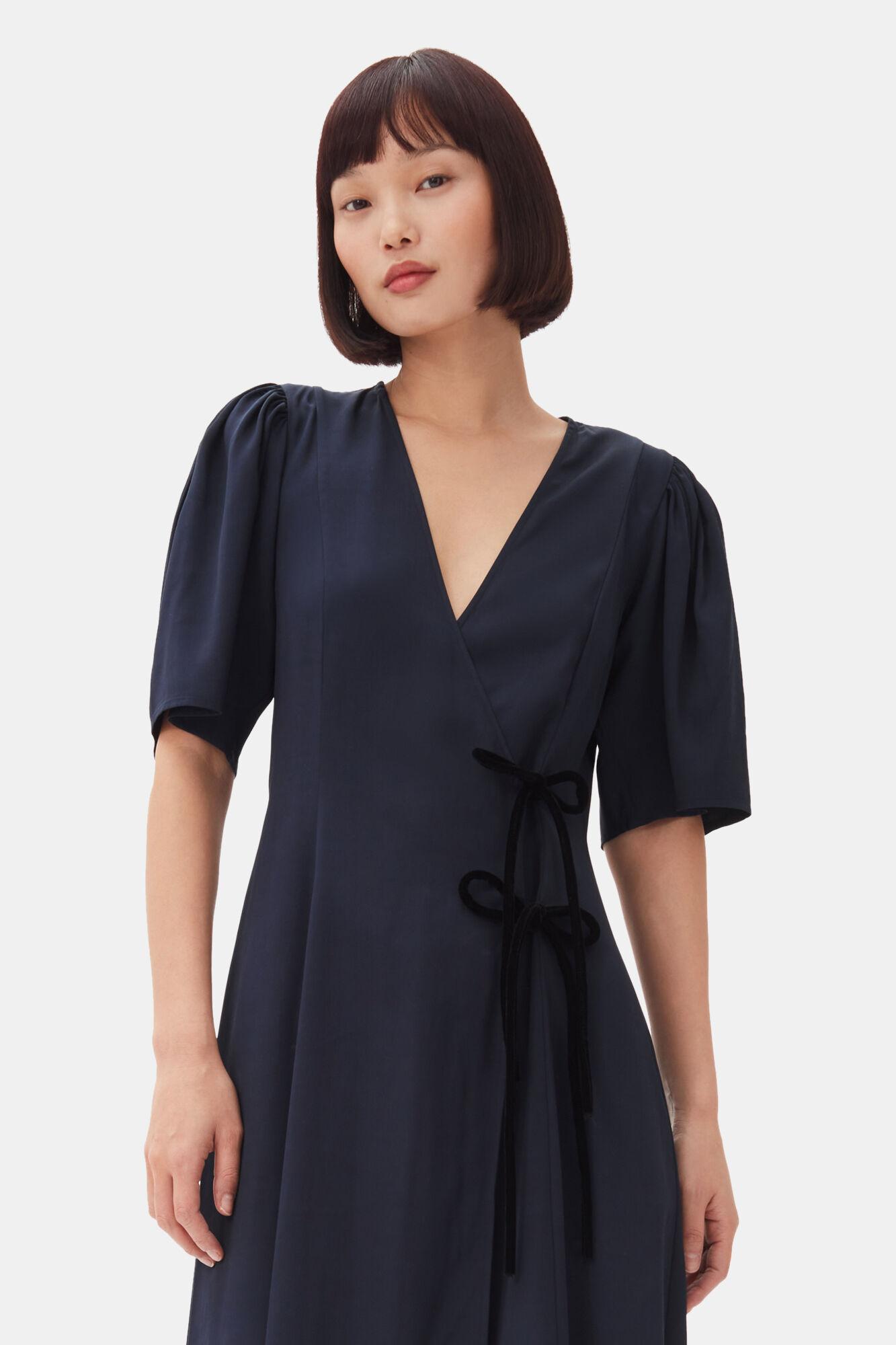 Navy Blue Viscose Twill Wrap Midi Dress Product Image