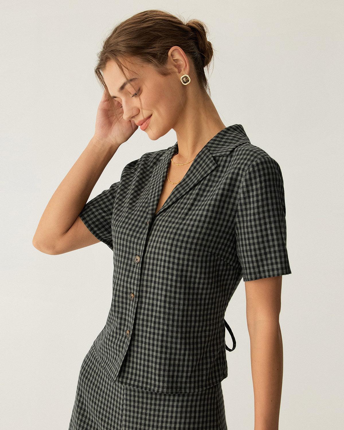 Grey Lapel Plaid Short Sleeve Blouse Product Image