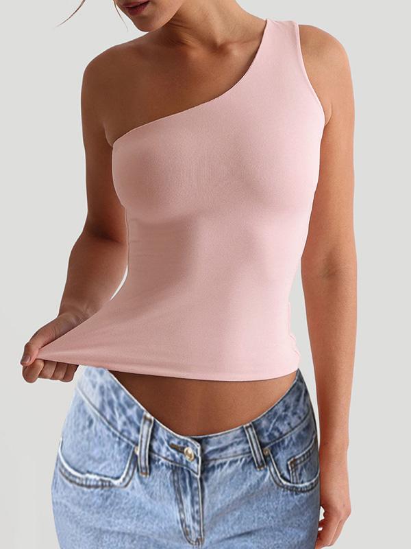 Skinny Sleeveless Solid Color One-Shoulder Vest Top Product Image