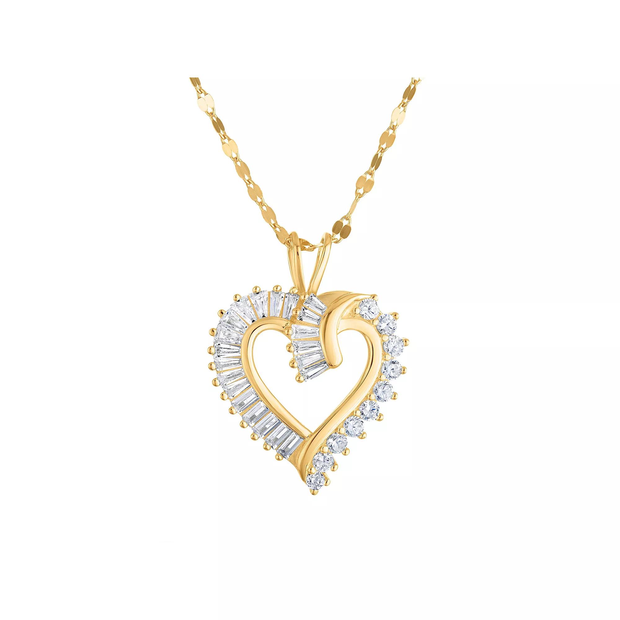 14k Gold Over Sterling Silver Cubic Zirconia Baguette Heart Pendant Necklace, Women's, Size: 18", Gold Tone Product Image