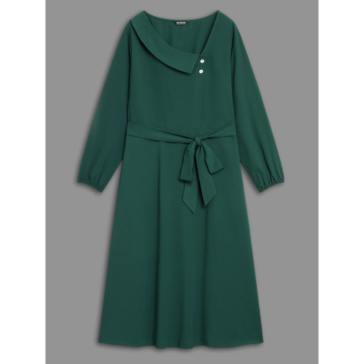 Plus Size Asymmetrical Neckline Waist-Tie Midi Dress DarkSlateGray Women Elegant Belted Party Curvy Bloomchic 26/4X Product Image