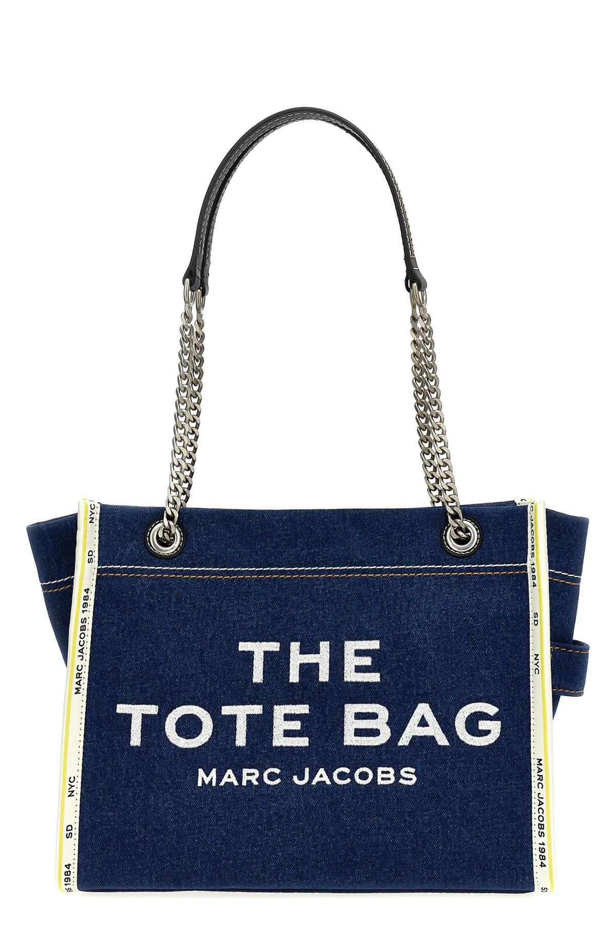 MARC JACOBS The Medium Tote In Blue Denim With Embroidered Logo In Dark Wash Product Image